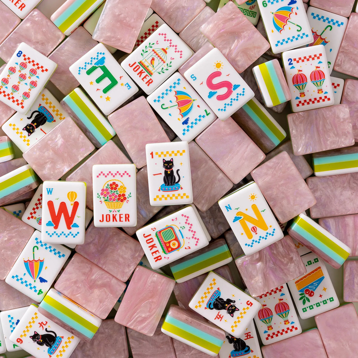Retro Pop Black Cat Balloon Mahjong Tiles