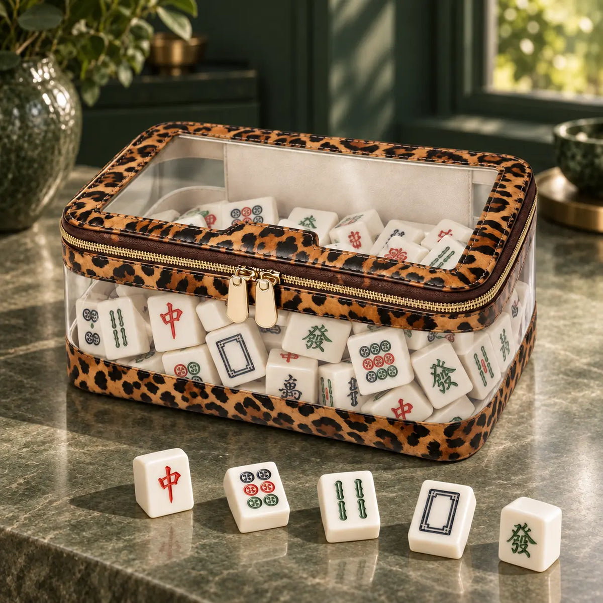 Leopard Clear Mahjong Tile Carrying Case