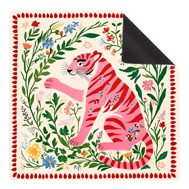 Whimsical Pink Tiger Wildflower Mahjong Mat
