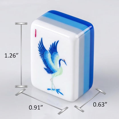 Size and thickness chart for the blue porcelain style American Mahjong set showing dimensions of 1.26 inches by 0.91 inches, and a 0.63-inch thick triple-layer blue gradient stripe.