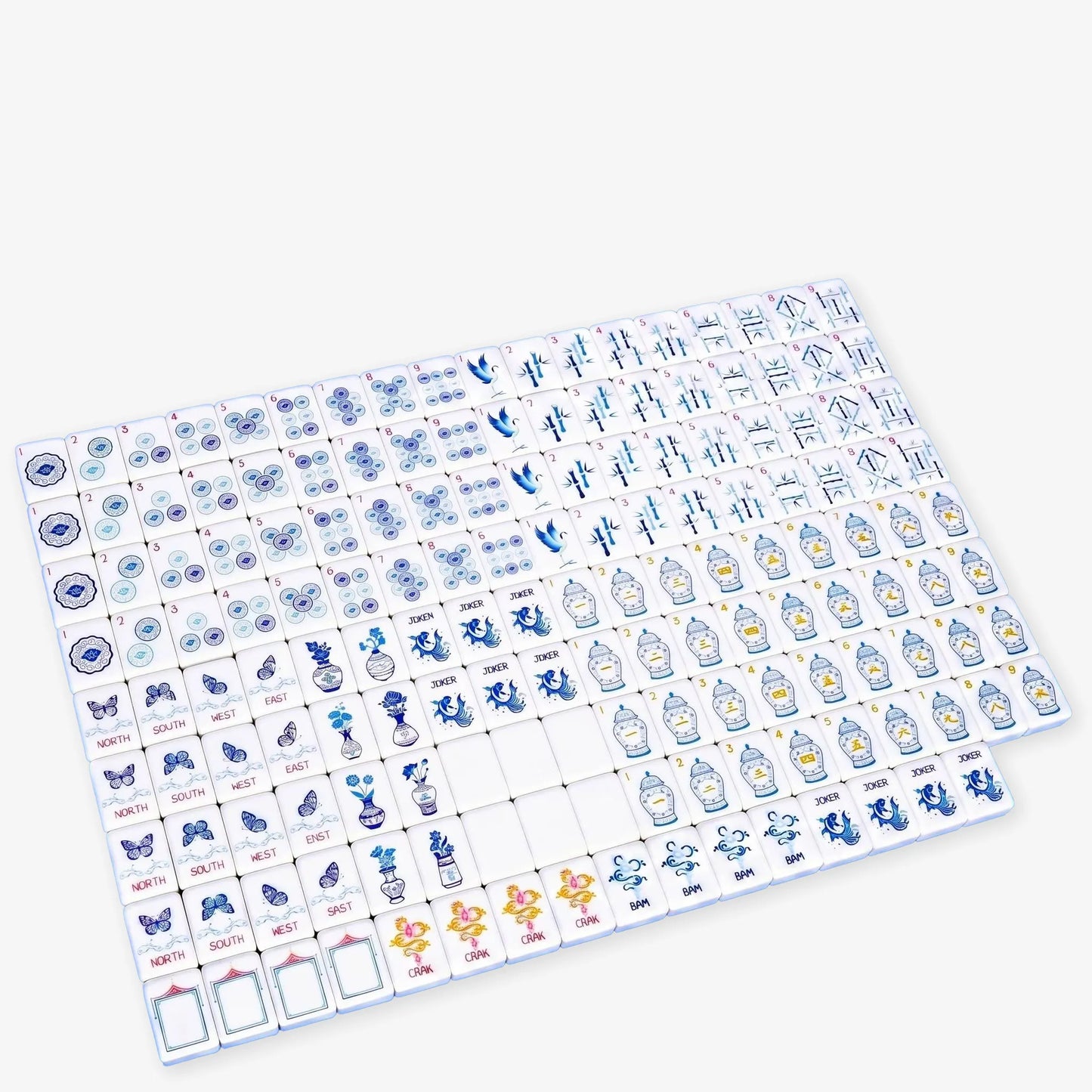 Full face layout of the blue and white porcelain themed American Mahjong set displaying ginger jar characters, koi fish jokers, and medallion dots.