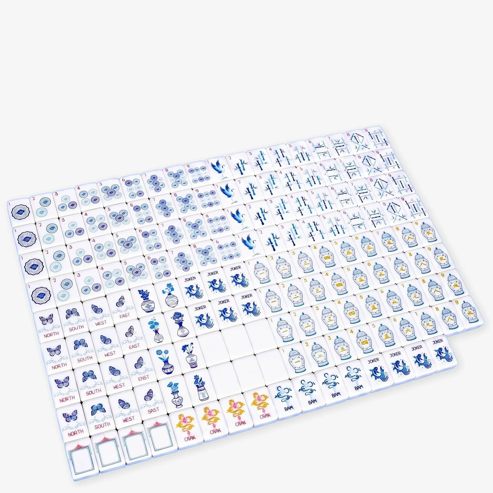 Full face layout of the blue and white porcelain themed American Mahjong set displaying ginger jar characters, koi fish jokers, and medallion dots.