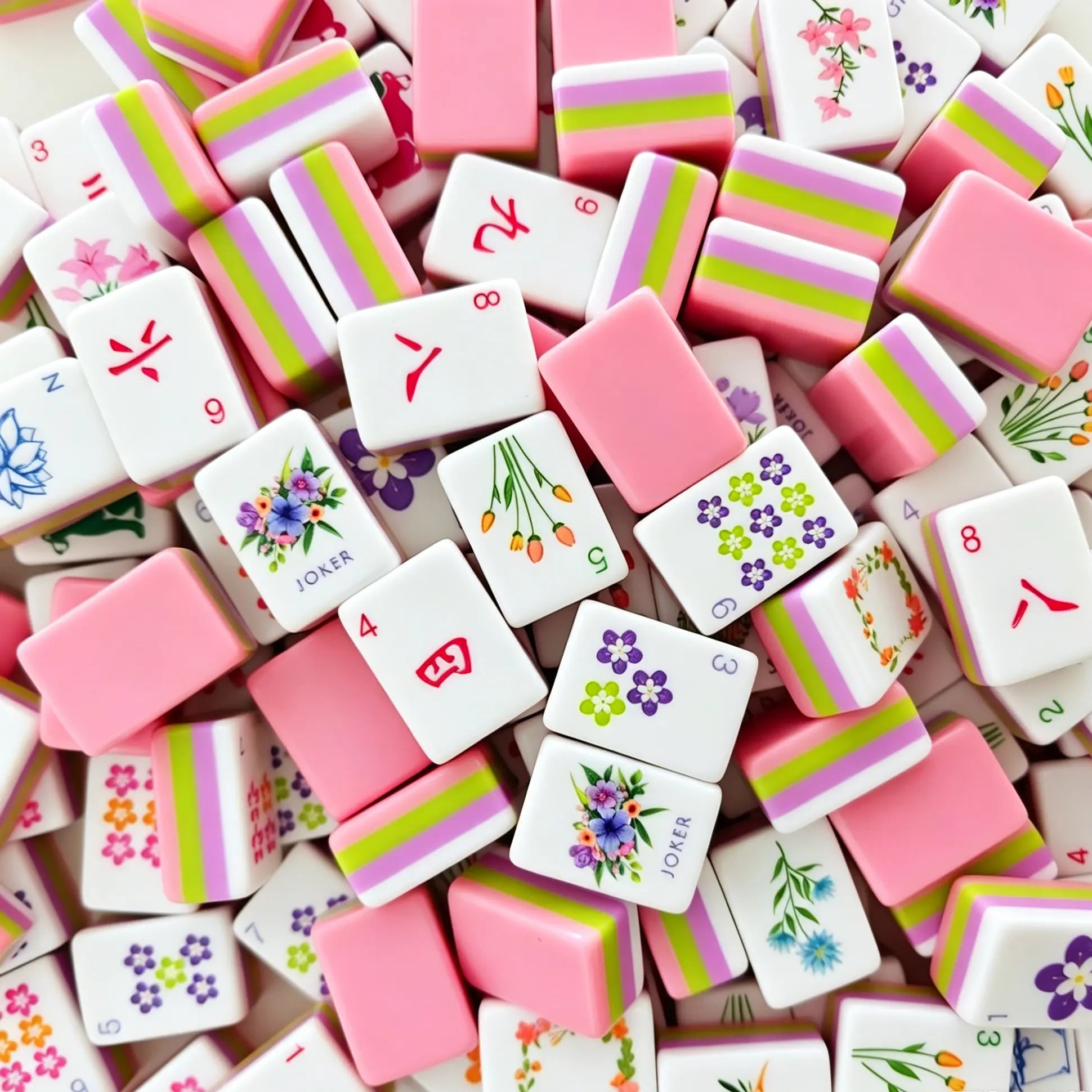 Full tile face layout of the Botanical Backyard American Mahjong set from, displaying tulip bams, floral dots, succulent winds, and the pink triple-layer backing sample.