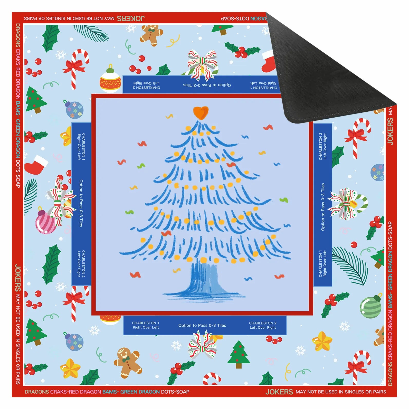 A festive 31.5-inch square American Mahjong mat with a holiday Christmas tree design, integrated Charleston passing guides, and a red rules border.