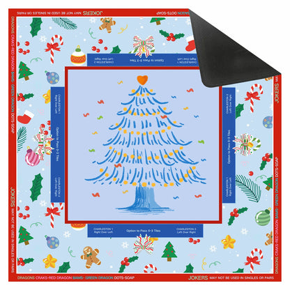 A festive 31.5-inch square American Mahjong mat with a holiday Christmas tree design, integrated Charleston passing guides, and a red rules border.