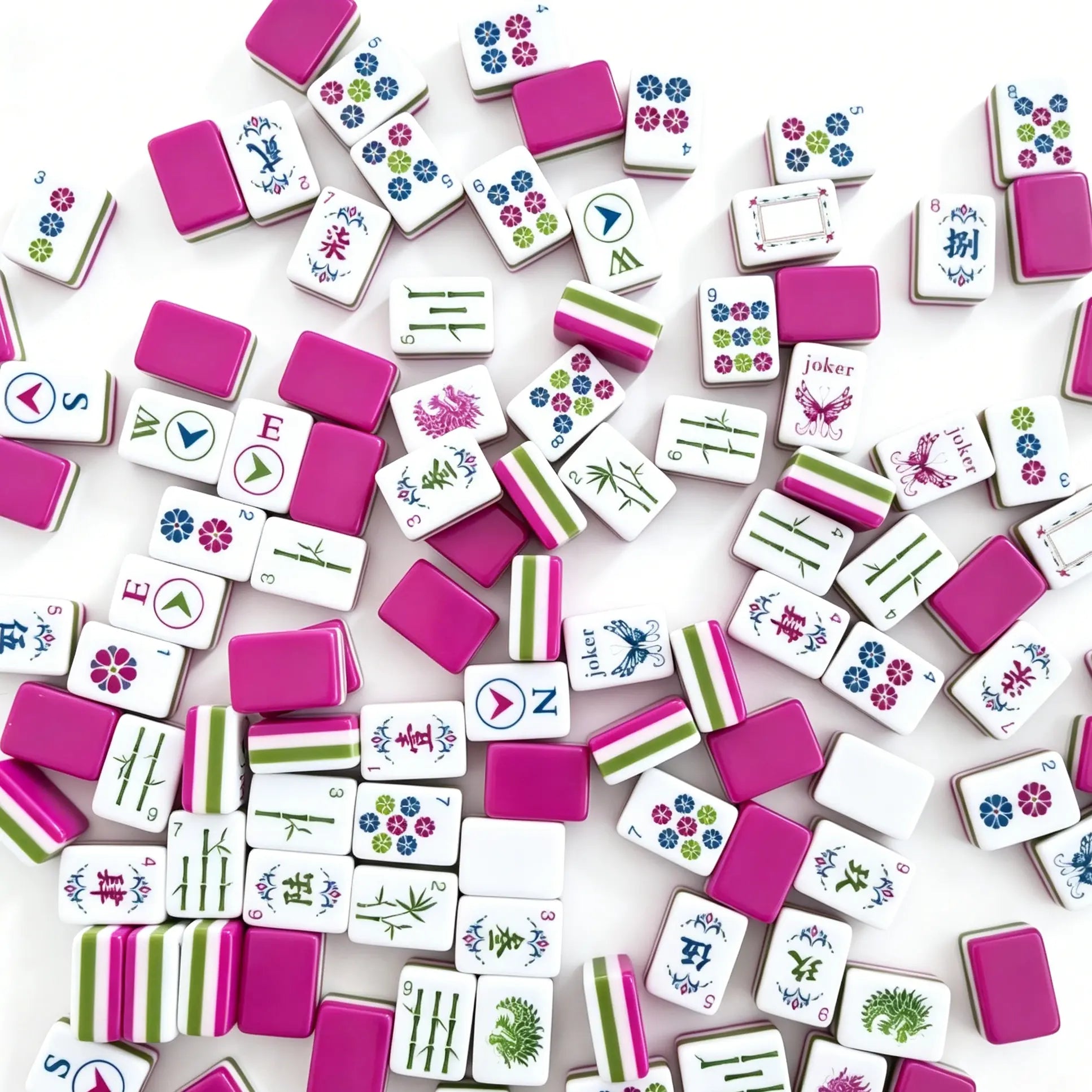 A jumbled close-up view of the Enchanted Butterfly Garden American Mahjong tiles, highlighting the solid olive green and berry magenta layered core alongside butterfly jokers.