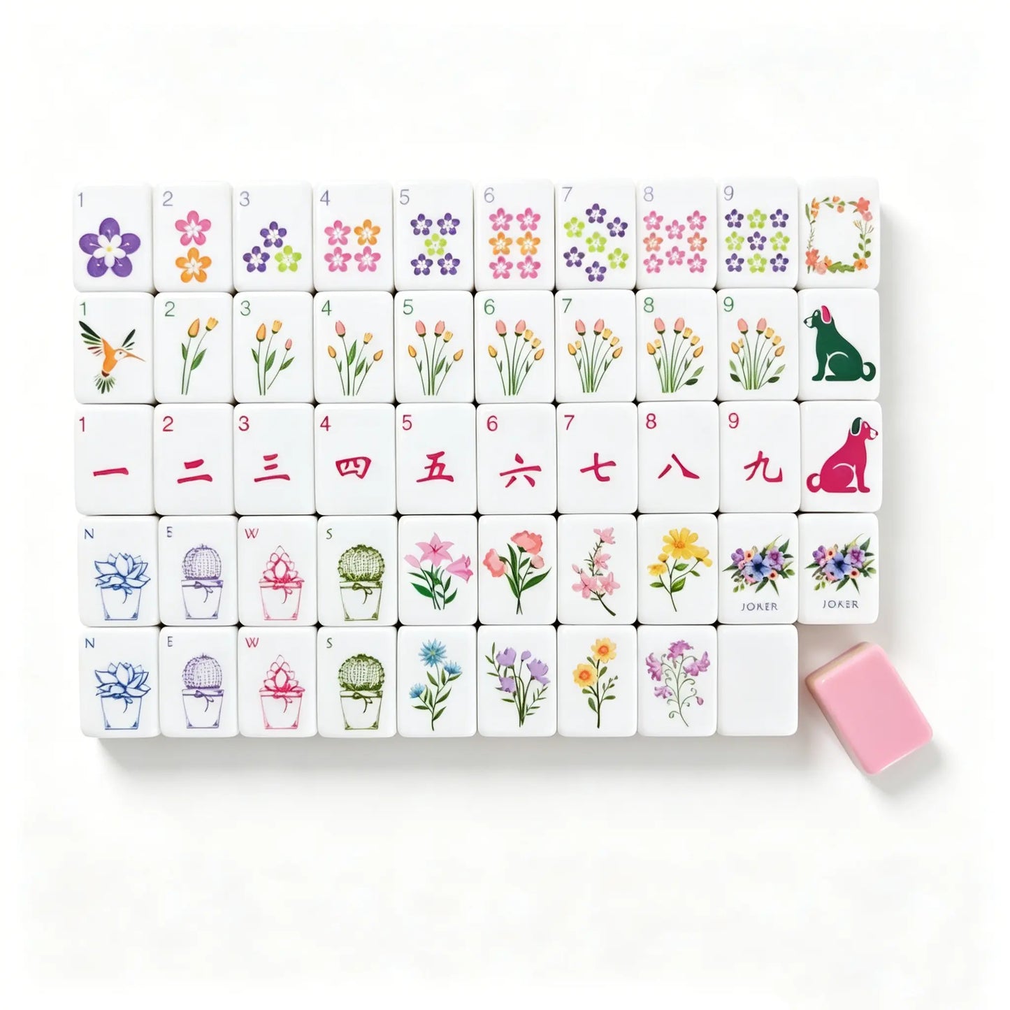A close-up jumbled view of the Botanical Backyard American Mahjong tiles from the second image, highlighting the solid sage green and pastel pink layered sandwich core alongside hand-painted tulip and flower details.