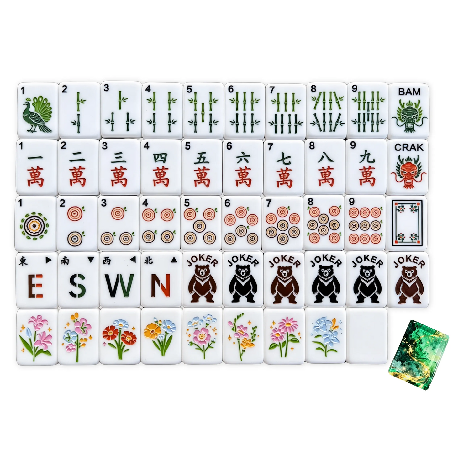 Full tile face layout of the Gilded Veins Emerald Green American Mahjong set, showcasing the standing bear jokers, green dragon tiles, tree-ring dots, and a sample of the gold-veined back.