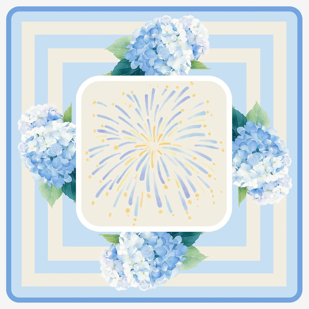 Full layout view of a 31.5-inch square American Mahjong mat featuring blue watercolor hydrangeas and a soft cream burst center design.