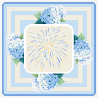 Full layout view of a 31.5-inch square American Mahjong mat featuring blue watercolor hydrangeas and a soft cream burst center design.