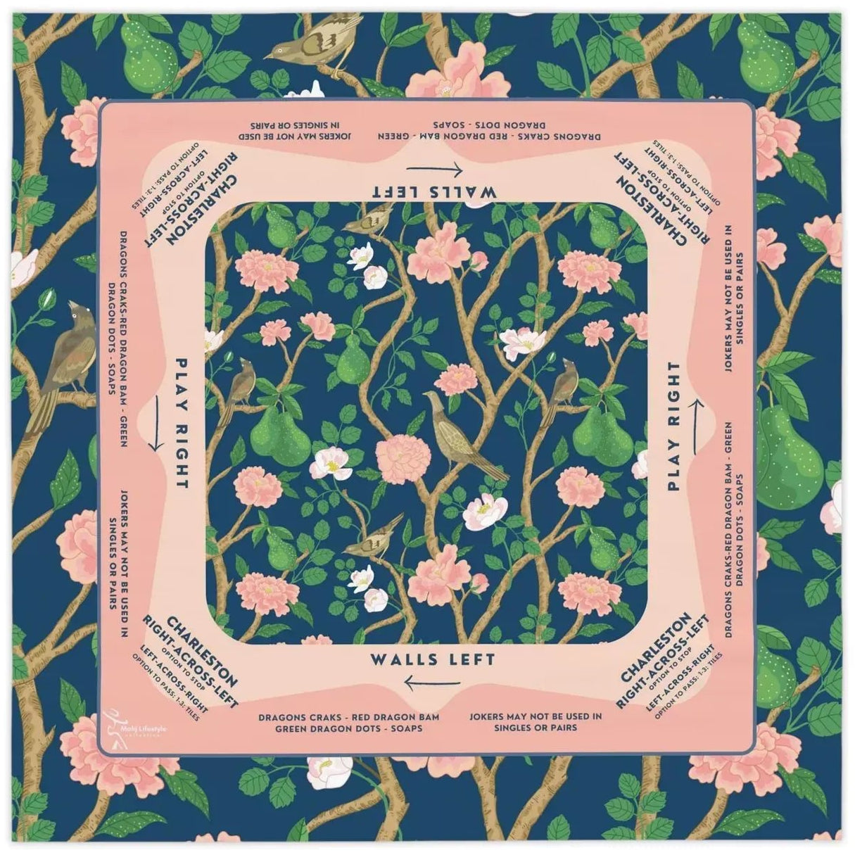 A 31.5-inch square American Mahjong mat in navy blue, featuring a vintage floral bird and green pear pattern with a soft pink Charleston guide border.