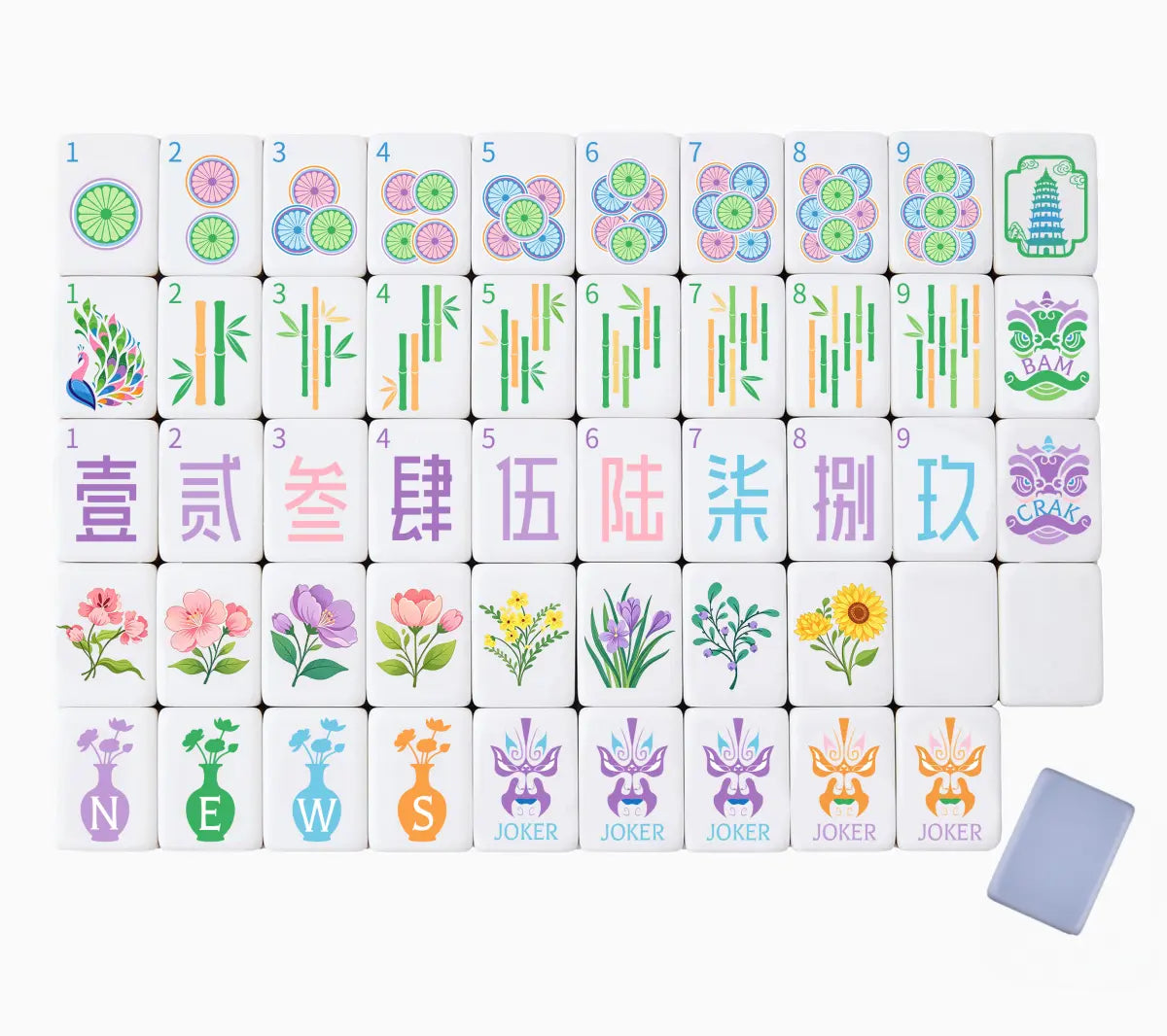 Full tile face layout of the Opera Mask Heritage American Mahjong set displaying face-changing opera mask jokers, pagoda tower soaps, and the lilac purple backing sample.