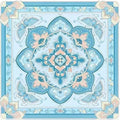 A luxury 31.5-inch square American Mahjong mat featuring an elegant powder blue baroque medallion motif with symmetrical vintage butterflies.