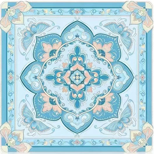 A luxury 31.5-inch square American Mahjong mat featuring an elegant powder blue baroque medallion motif with symmetrical vintage butterflies.