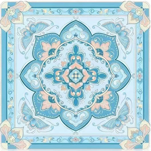 A luxury 31.5-inch square American Mahjong mat featuring an elegant powder blue baroque medallion motif with symmetrical vintage butterflies.