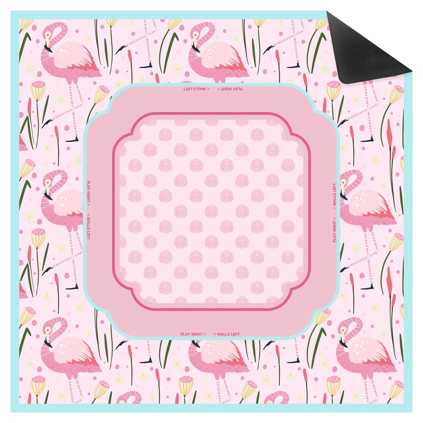 A luxury 31.5-inch square American Mahjong mat featuring a preppy pink flamingo and seashell motif with a mint blue border and built-in Charleston passing guides.
