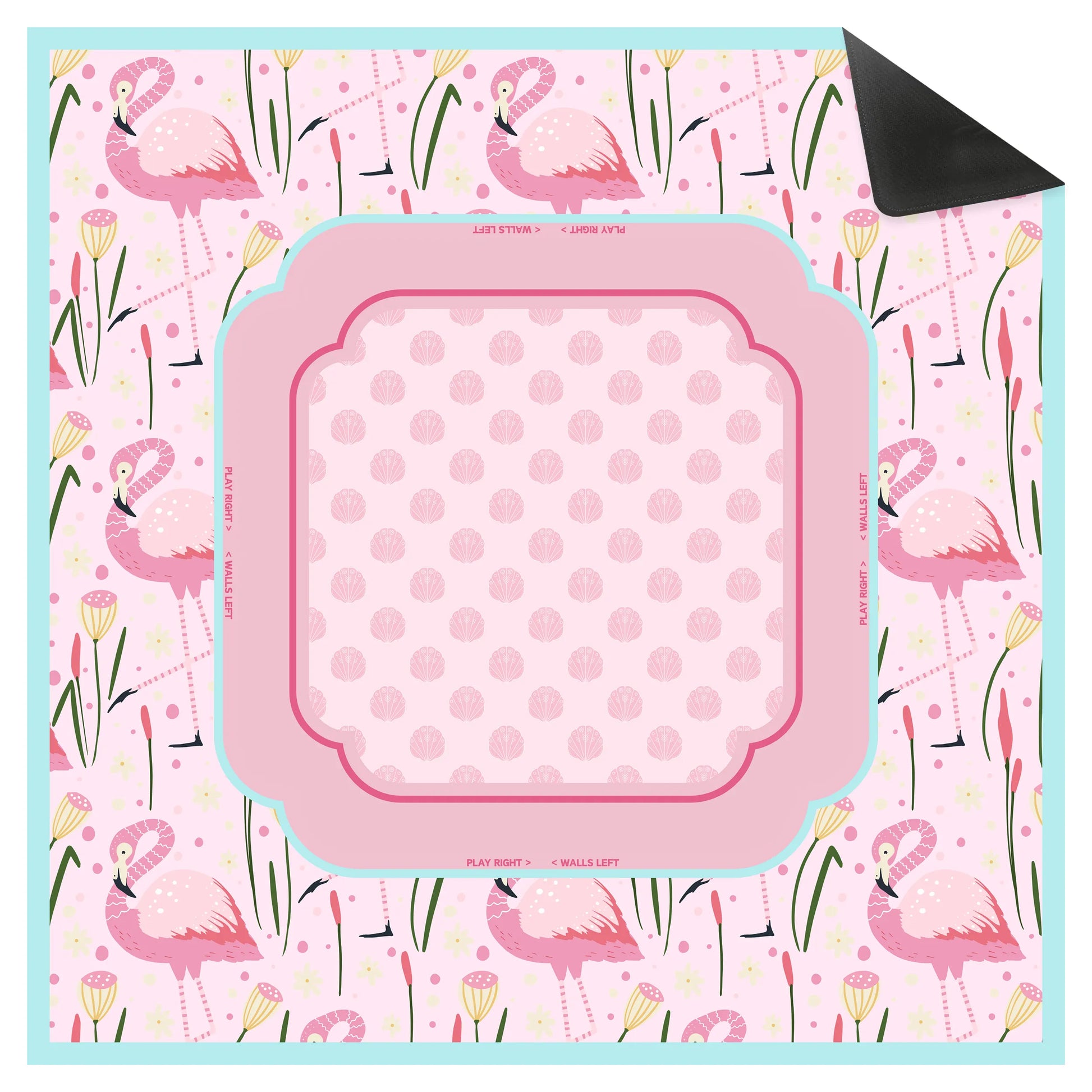 A luxury 31.5-inch square American Mahjong mat featuring a preppy pink flamingo and seashell motif with a mint blue border and built-in Charleston passing guides.