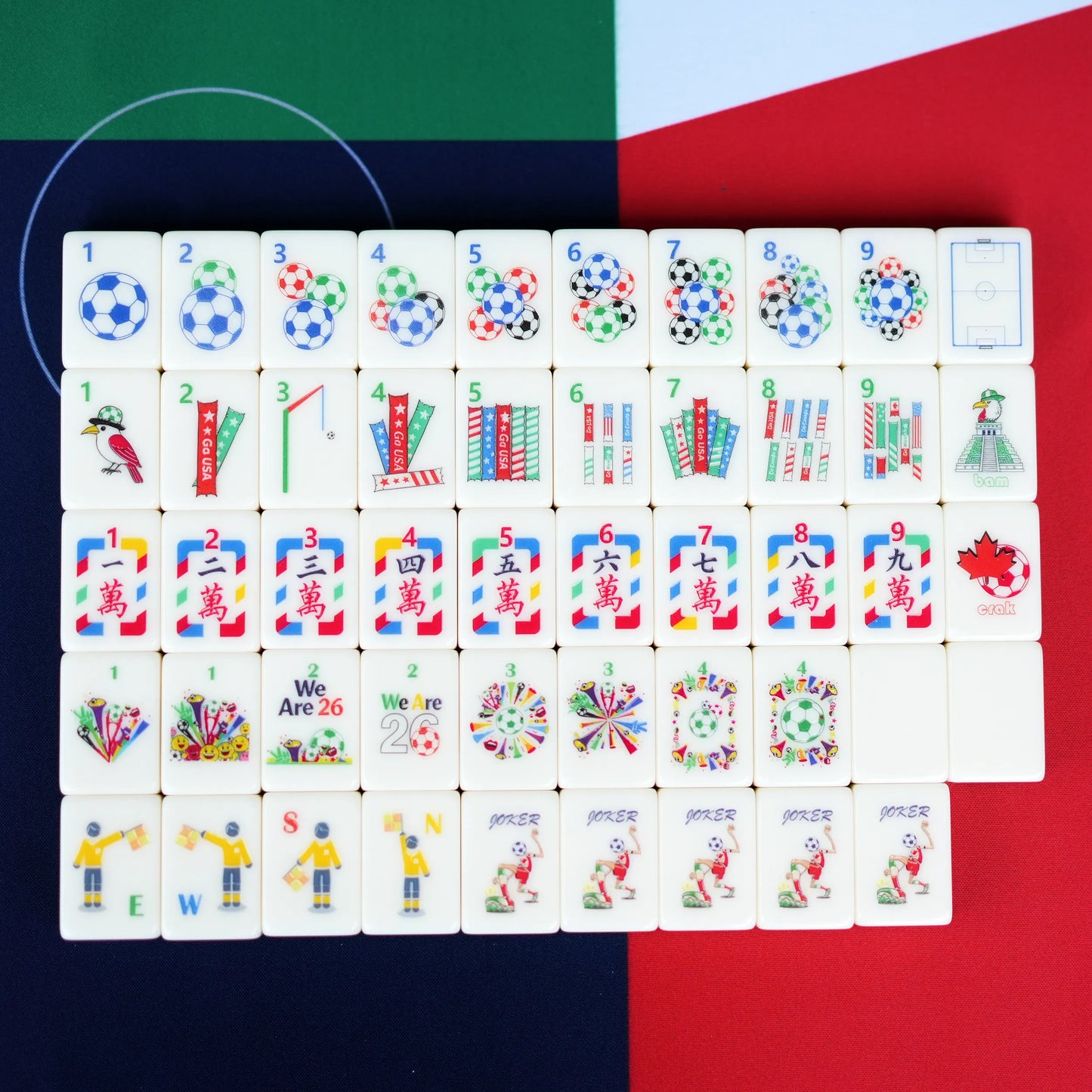 Full face layout of the soccer tournament themed American Mahjong set displaying soccer ball dots, referee winds, and soccer player jokers.