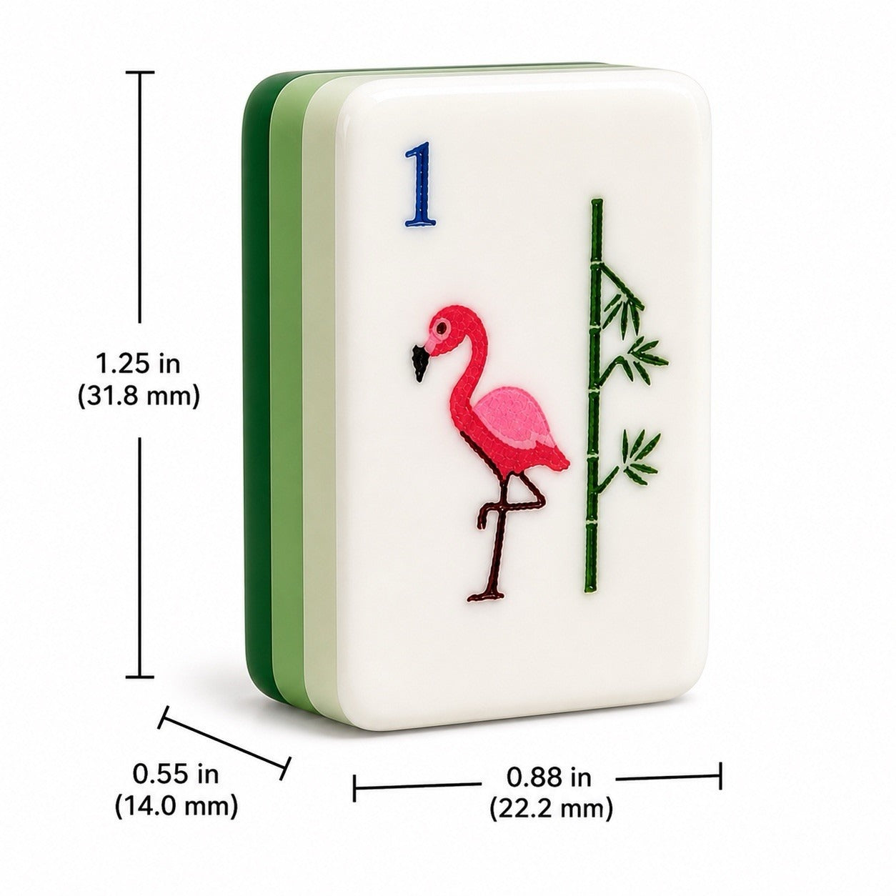 Size and thickness chart for the tropical beach vacation American Mahjong set showing dimensions of 1.25 inches by 0.88 inches, and a 0.55-inch thick triple-layer green stripe.