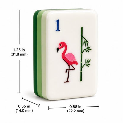 Size and thickness chart for the tropical beach vacation American Mahjong set showing dimensions of 1.25 inches by 0.88 inches, and a 0.55-inch thick triple-layer green stripe.
