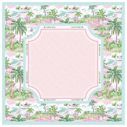 Tropical themed mahjong mat featuring mint green palm tree borders, a pink lattice center, and printed directional guides for American Mahjong.