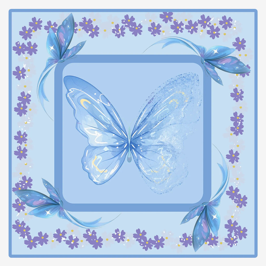 A square 31.5-inch American Mahjong mat featuring a delicate pink and blue chintz floral vine pattern with scattered playful butterflies.