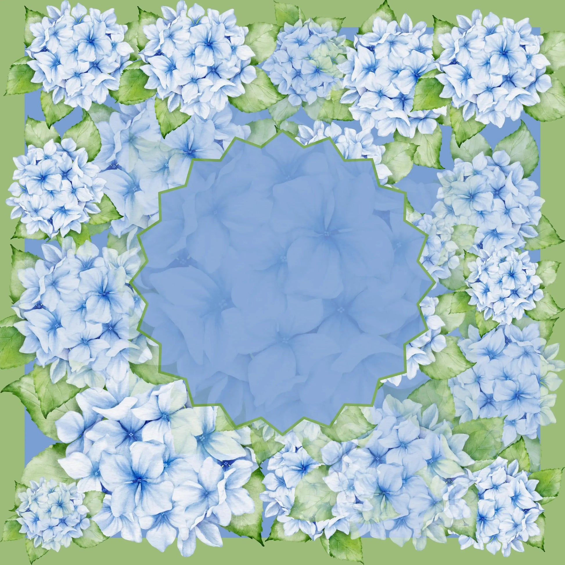 A 31.5-inch square American Mahjong mat adorned with lush watercolor blue hydrangeas and a serene periwinkle starburst center.