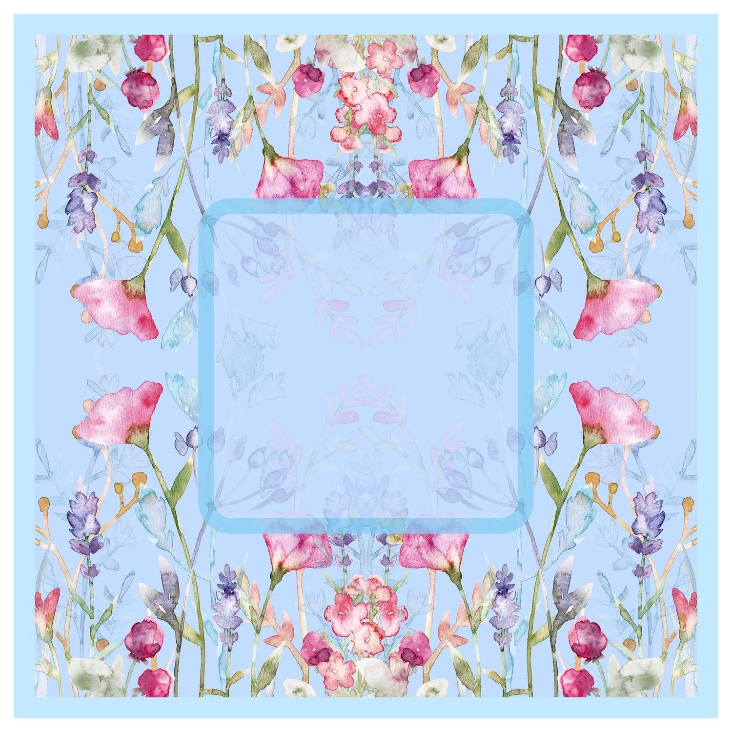 Light blue Mahjong mat featuring a watercolor wildflower pattern with poppies and lavender, including a central play area frame on a non-slip natural rubber base.