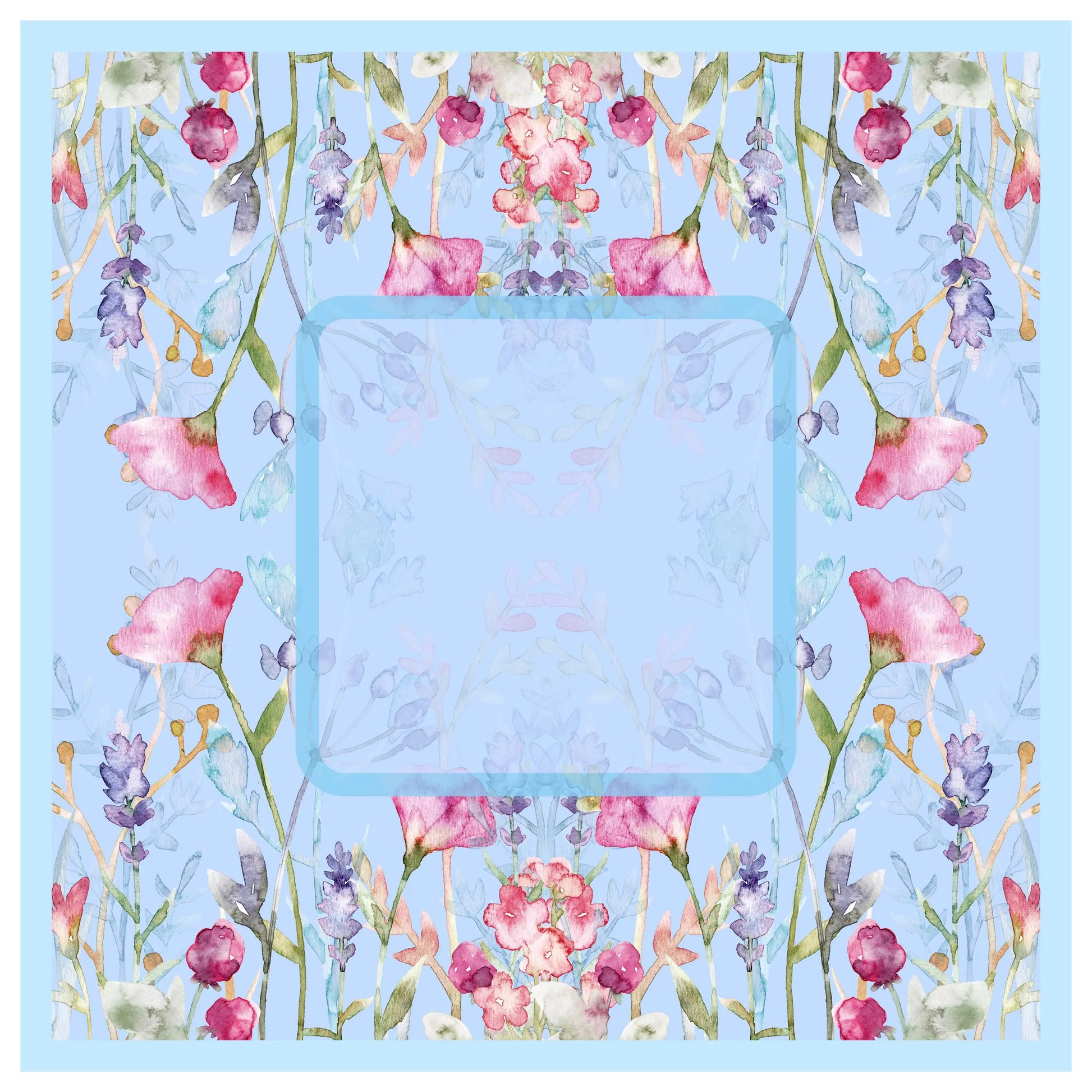 Light blue Mahjong mat featuring a watercolor wildflower pattern with poppies and lavender, including a central play area frame on a non-slip natural rubber base.