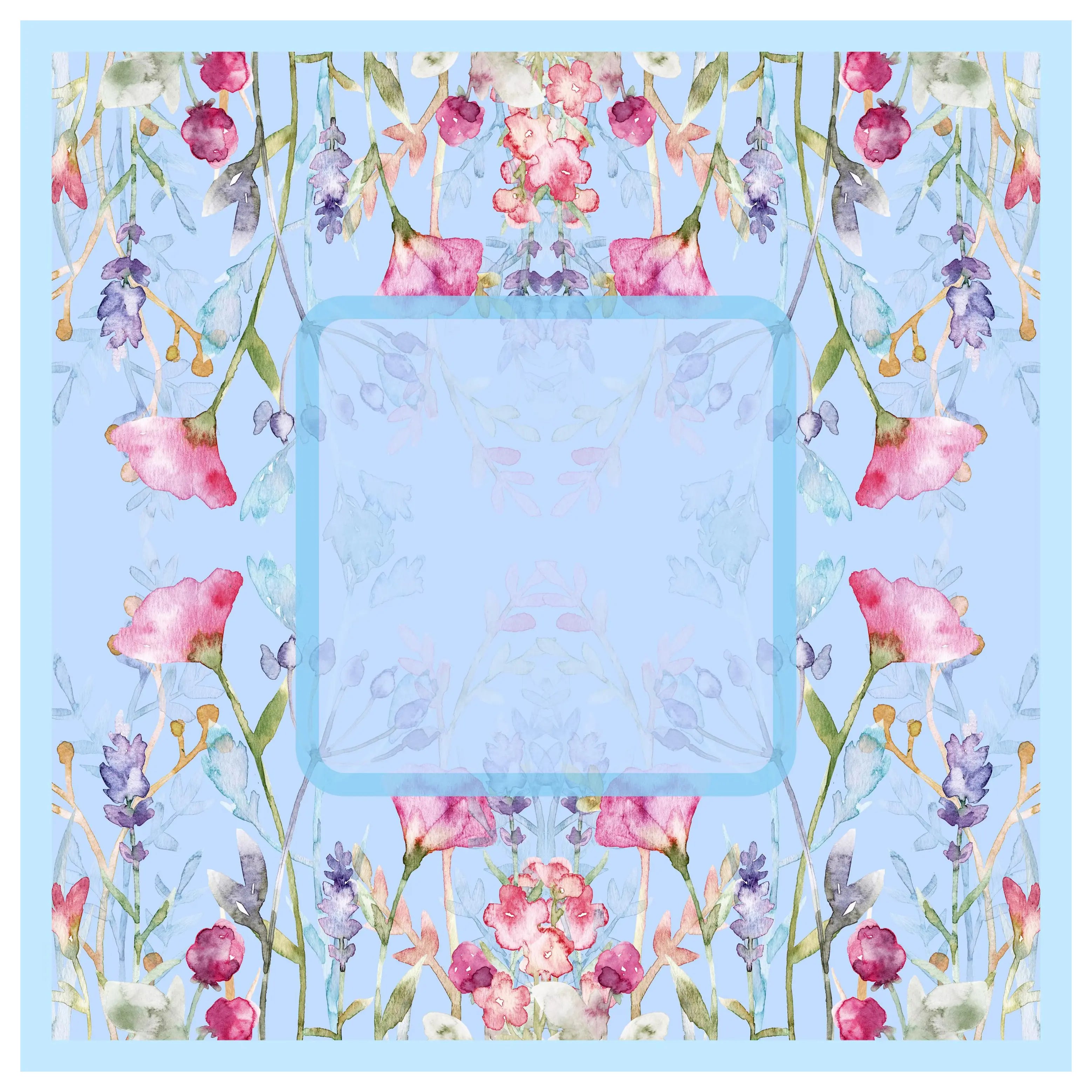 Light blue Mahjong mat featuring a watercolor wildflower pattern with poppies and lavender, including a central play area frame on a non-slip natural rubber base.